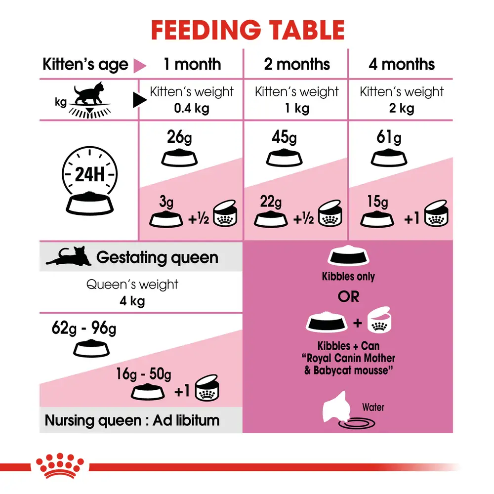 Royal Canin Mother & Babycat dry food bag for pregnant cats and kittens 1-4 months, showing tiny rehydratable kibble. Royal Canin Mother & Babycat dry food bag for pregnant cats and kittens 1-4 months, showing tiny rehydratable kibble.