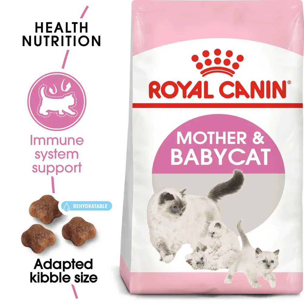 Royal Canin Mother & Babycat dry food bag for pregnant cats and kittens 1-4 months, showing tiny rehydratable kibble. Royal Canin Mother & Babycat dry food bag for pregnant cats and kittens 1-4 months, showing tiny rehydratable kibble.