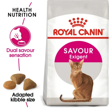 Royal Canin Savour Exigent dry cat food showing two different types of synergistic kibble for picky adult cats.