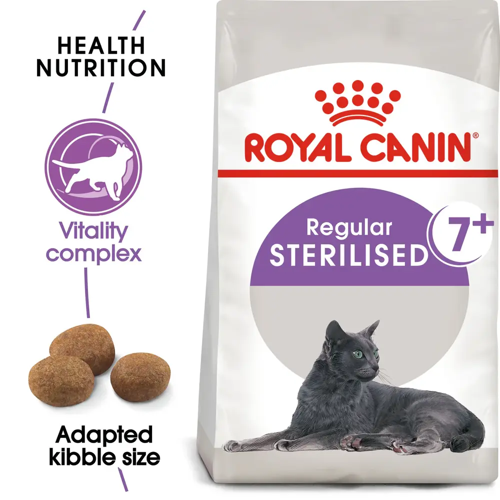 Royal Canin Sterilised 7+ dry cat food bag for neutered senior cats showing kibble enriched with vitality nutrients and kidney support. Royal Canin Sterilised 7+ dry cat food bag for neutered senior cats showing kibble enriched with vitality nutrients and kidney support.