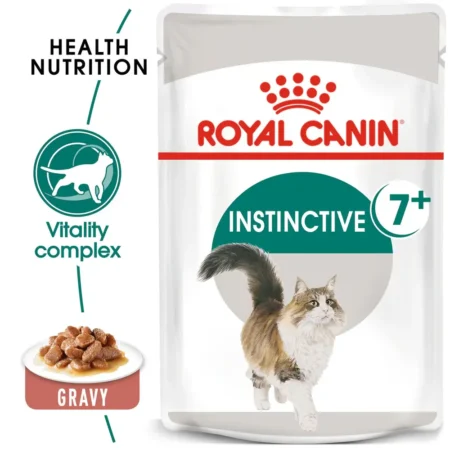 Royal Canin Instinctive 7+ wet cat food pouch in gravy, formulated for mature adult cats starting their senior years.