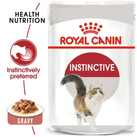 Royal Canin Instinctive Adult wet cat food pouch in a soft loaf texture for cats aged 1 to 7 years.