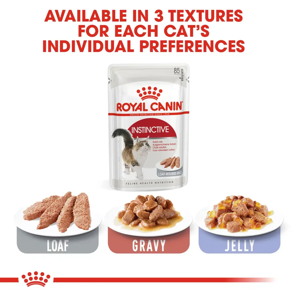 Royal Canin Instinctive Adult wet cat food pouch in a soft loaf texture for cats aged 1 to 7 years. Royal Canin Instinctive Adult wet cat food pouch in a soft loaf texture for cats aged 1 to 7 years.