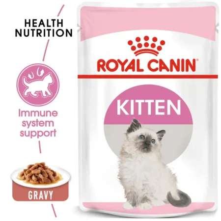 Royal Canin Kitten Pouch featuring thin slices in gravy for kittens 4 to 12 months old.
