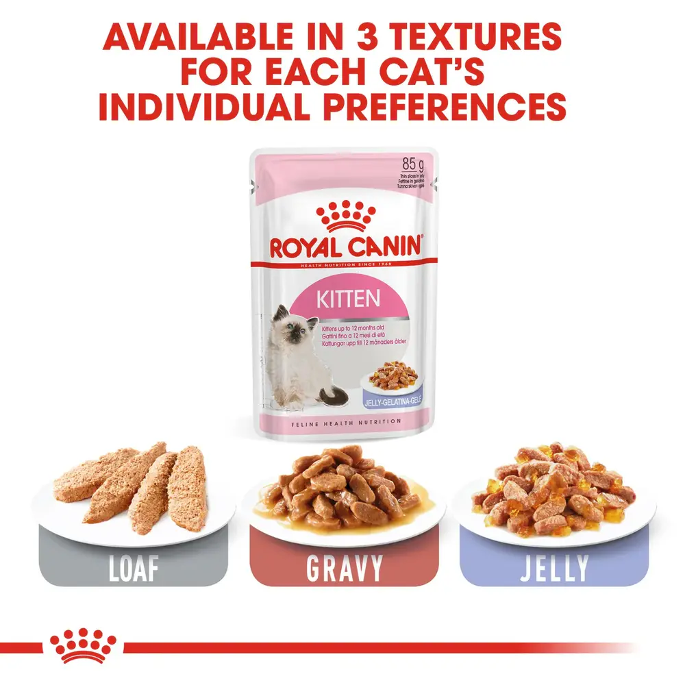 Royal Canin Kitten in Jelly wet food pouch showing thin slices in a clear, firm jelly for kittens up to 12 months. Royal Canin Kitten in Jelly wet food pouch showing thin slices in a clear, firm jelly for kittens up to 12 months.
