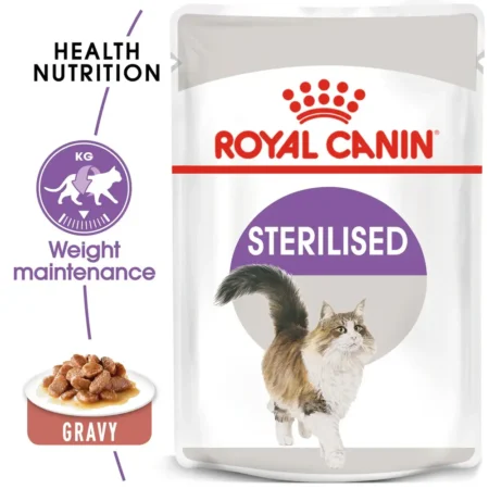 Royal Canin Sterilised wet cat food pouch in gravy, specifically formulated for weight control in neutered adult cats.