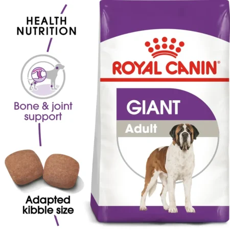 Royal Canin Giant Adult dry dog food bag featuring extra-large kibble for dogs weighing over 100 lbs.