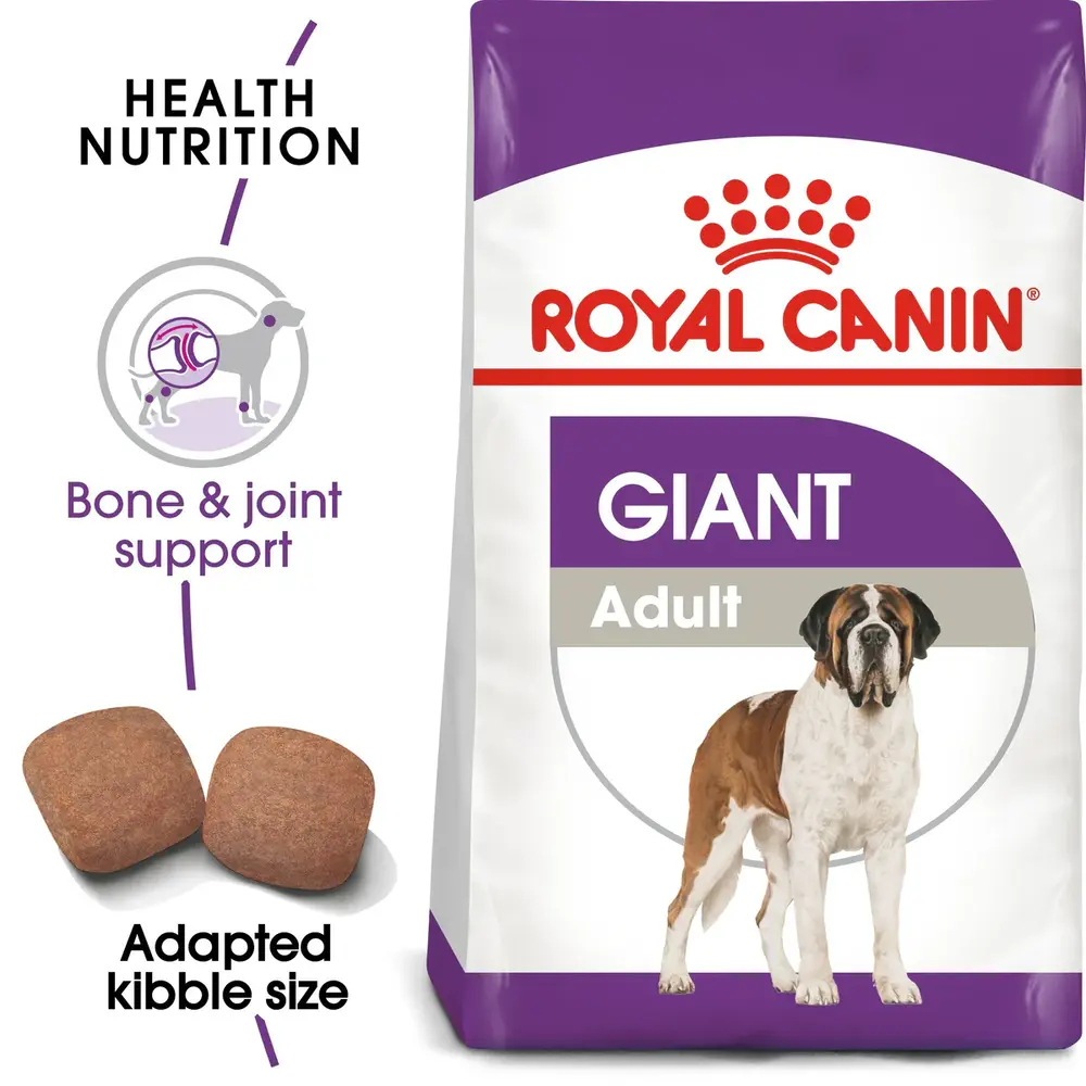 Royal Canin Giant Adult dry dog food bag featuring extra-large kibble for dogs weighing over 100 lbs. Royal Canin Giant Adult dry dog food bag featuring extra-large kibble for dogs weighing over 100 lbs.