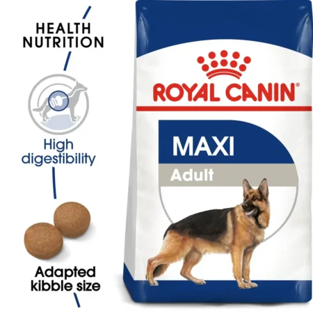 Royal Canin Maxi Adult dry dog food bag for large dogs weighing 26 to 44 kg, focusing on joint health and digestion.
