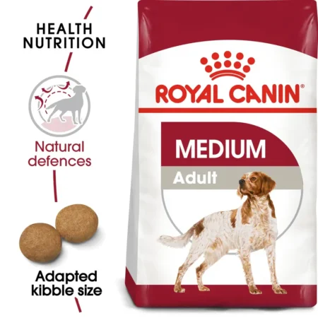 Royal Canin Medium Adult dry dog food bag for dogs weighing 23–55 lbs, featuring kibble designed for medium-sized jaws.