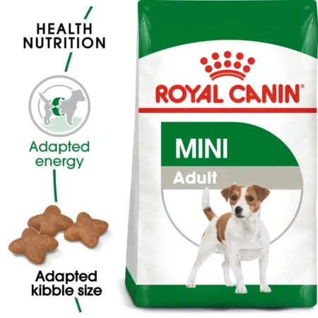 Royal Canin Mini Adult dry dog food bag for small dogs 10 months to 8 years old, focusing on weight management and coat health.