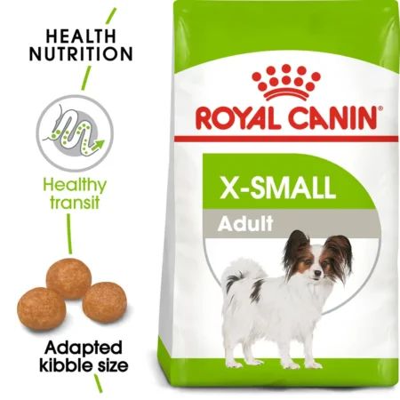 Royal Canin X-Small Adult dry dog food bag showing tiny kibble specifically designed for dogs weighing under 8 pounds