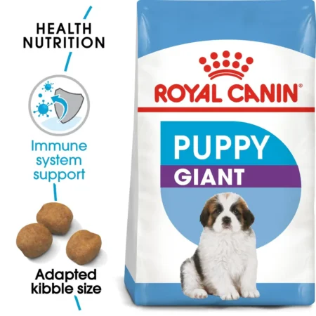 Royal Canin Giant Puppy dry dog food bag for giant breed puppies up to 8 months old, focusing on bone health and immune support.