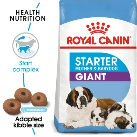Royal Canin Giant Starter Mother & Babydog dry dog food bag, featuring rehydratable kibble for weaning giant puppies and pregnant mothers.