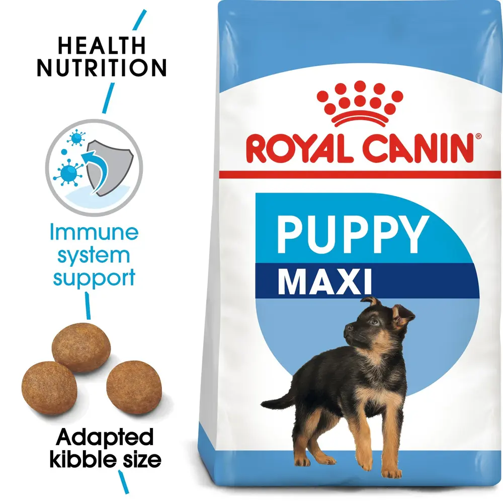 Royal Canin Maxi Puppy dry dog food bag for large breed puppies up to 15 months old, focusing on digestive health and bone development. Royal Canin Maxi Puppy dry dog food bag for large breed puppies up to 15 months old, focusing on digestive health and bone development.