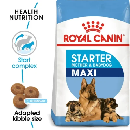 Royal Canin Maxi Starter Mother & Babydog dry dog food bag for large breed dogs, showing rehydratable kibble for puppies up to 2 months.