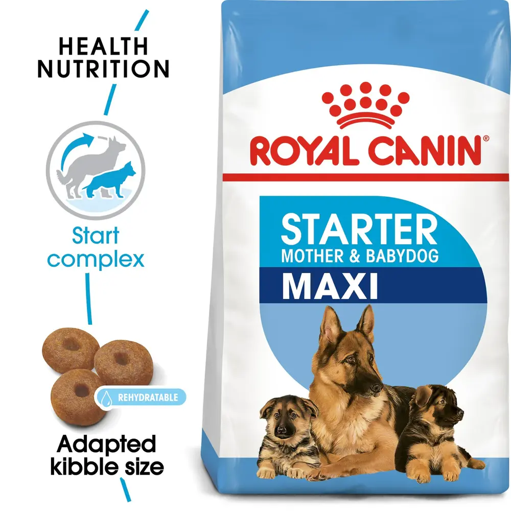 Royal Canin Maxi Starter Mother & Babydog dry dog food bag for large breed dogs, showing rehydratable kibble for puppies up to 2 months. Royal Canin Maxi Starter Mother & Babydog dry dog food bag for large breed dogs, showing rehydratable kibble for puppies up to 2 months.