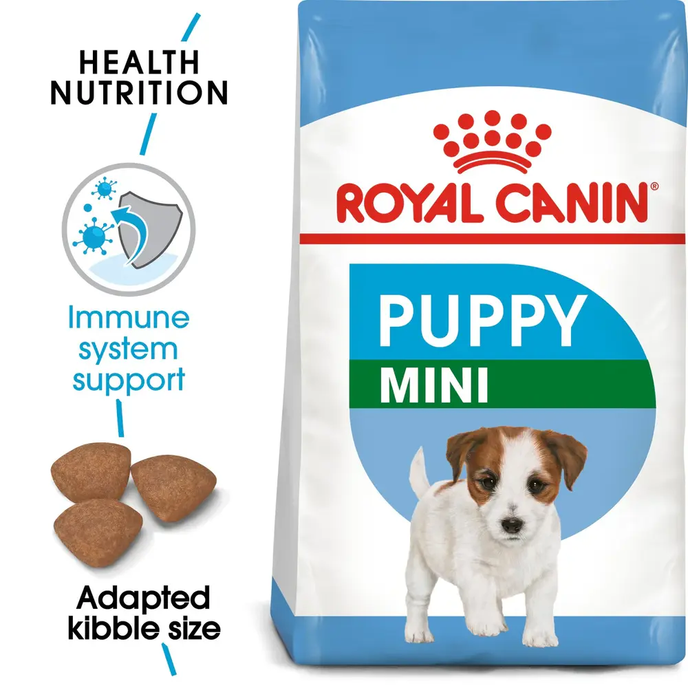 Royal Canin Mini Puppy dry dog food bag for small breed puppies up to 10 months old, focusing on immune health and brain development. Royal Canin Mini Puppy dry dog food bag for small breed puppies up to 10 months old, focusing on immune health and brain development.