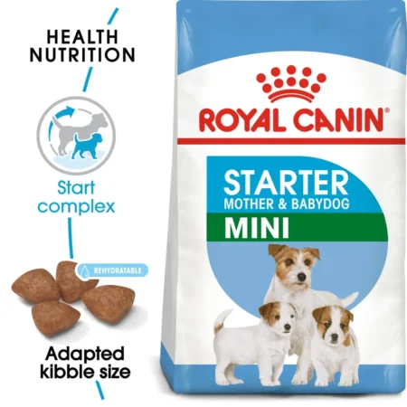 Royal Canin Mini Starter Mother & Babydog dry dog food bag showing soft porridge consistency for weaning small puppies.