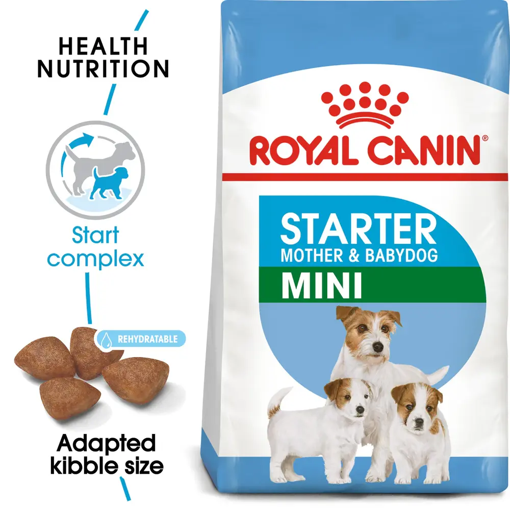 Royal Canin Mini Starter Mother & Babydog dry dog food bag showing soft porridge consistency for weaning small puppies. Royal Canin Mini Starter Mother & Babydog dry dog food bag showing soft porridge consistency for weaning small puppies.