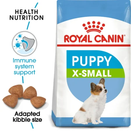 Royal Canin X-Small Puppy dry dog food bag for extra-small breed puppies up to 10 months old, showing tiny kibble for toy breeds.
