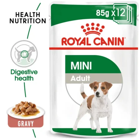 Royal Canin Mini Adult wet dog food multipack box containing 12 pouches of gravy for small breed adult dogs.