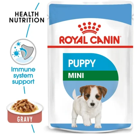 Royal Canin Mini Puppy wet food pouch featuring small, tender chunks in gravy for small breed puppies.