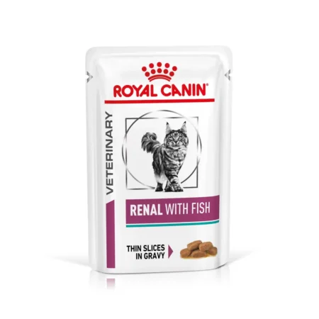 Royal Canin Feline Renal wet cat food pouch with fish in gravy, a veterinary-exclusive diet for feline kidney health.