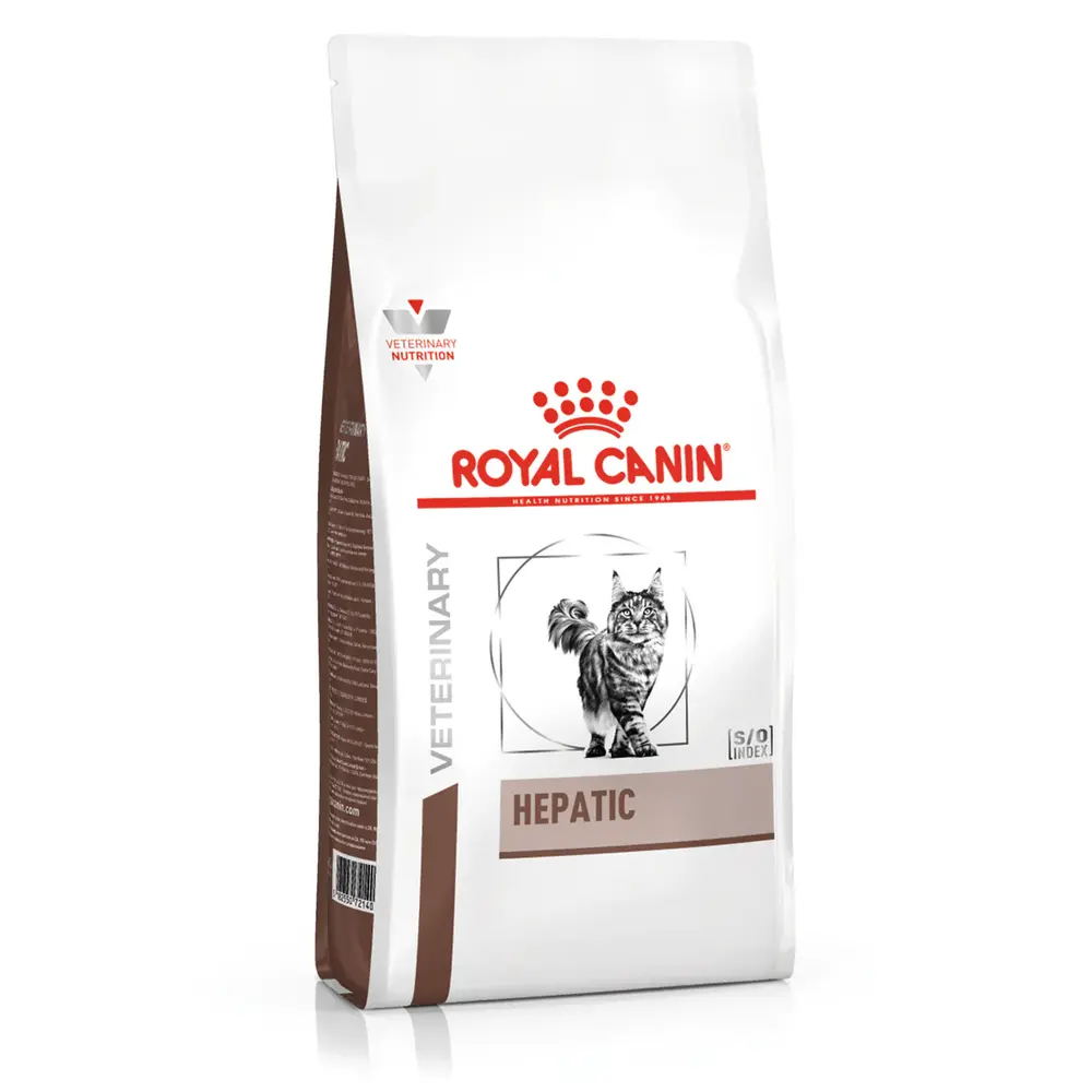 Royal Canin Hepatic dry cat food bag for cats with liver disease, showing high-energy kibble with low copper content. Royal Canin Hepatic dry cat food bag for cats with liver disease, showing high-energy kibble with low copper content.