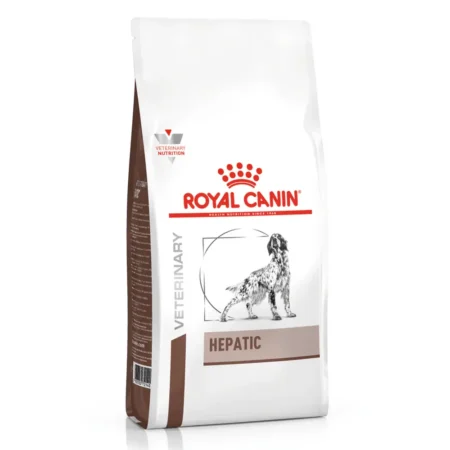 Royal Canin Canine Hepatic dry dog food bag for dogs with liver disease, featuring low copper and adapted protein content.