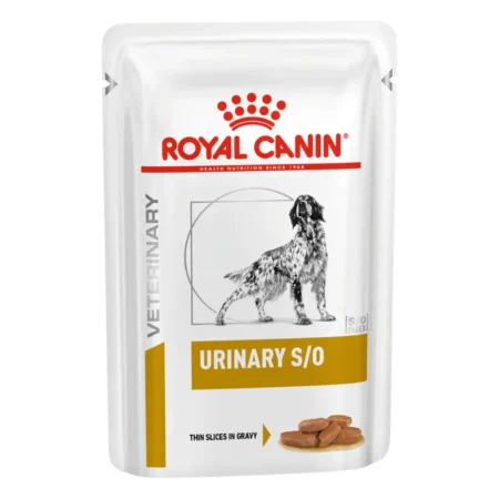 Royal Canin Urinary S/O wet dog food pouch in gravy, veterinary diet for dissolving struvite stones and preventing crystals in dogs.
