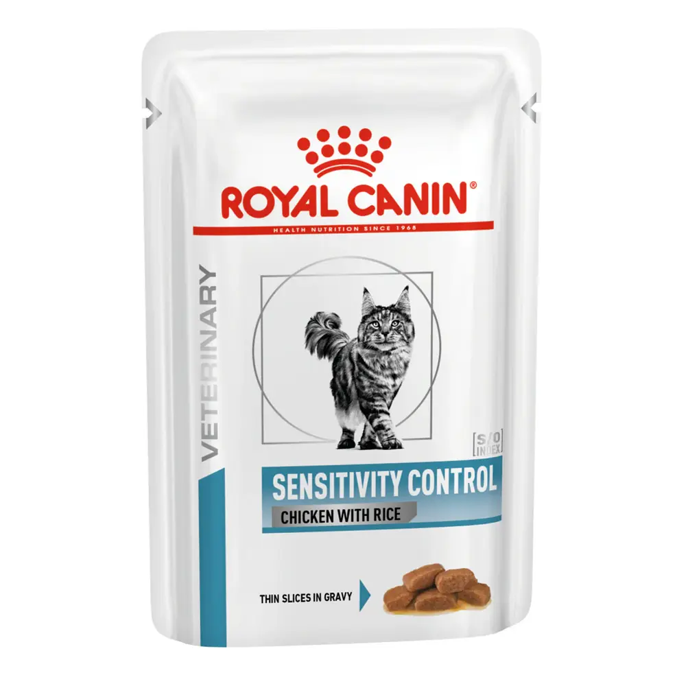 Royal Canin Sensitivity Control wet cat food pouch, chicken and rice in gravy for cats with food allergies and skin sensitivities. Royal Canin Sensitivity Control wet cat food pouch, chicken and rice in gravy for cats with food allergies and skin sensitivities.