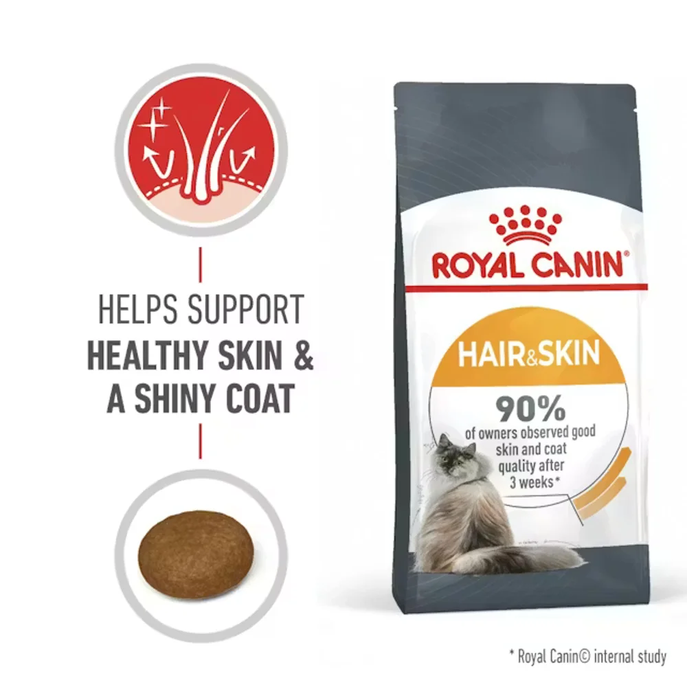 Royal Canin Hair & Skin Care dry cat food bag showing high-protein kibble for healthy skin and shiny coat. Royal Canin Hair & Skin Care dry cat food bag showing high-protein kibble for healthy skin and shiny coat.