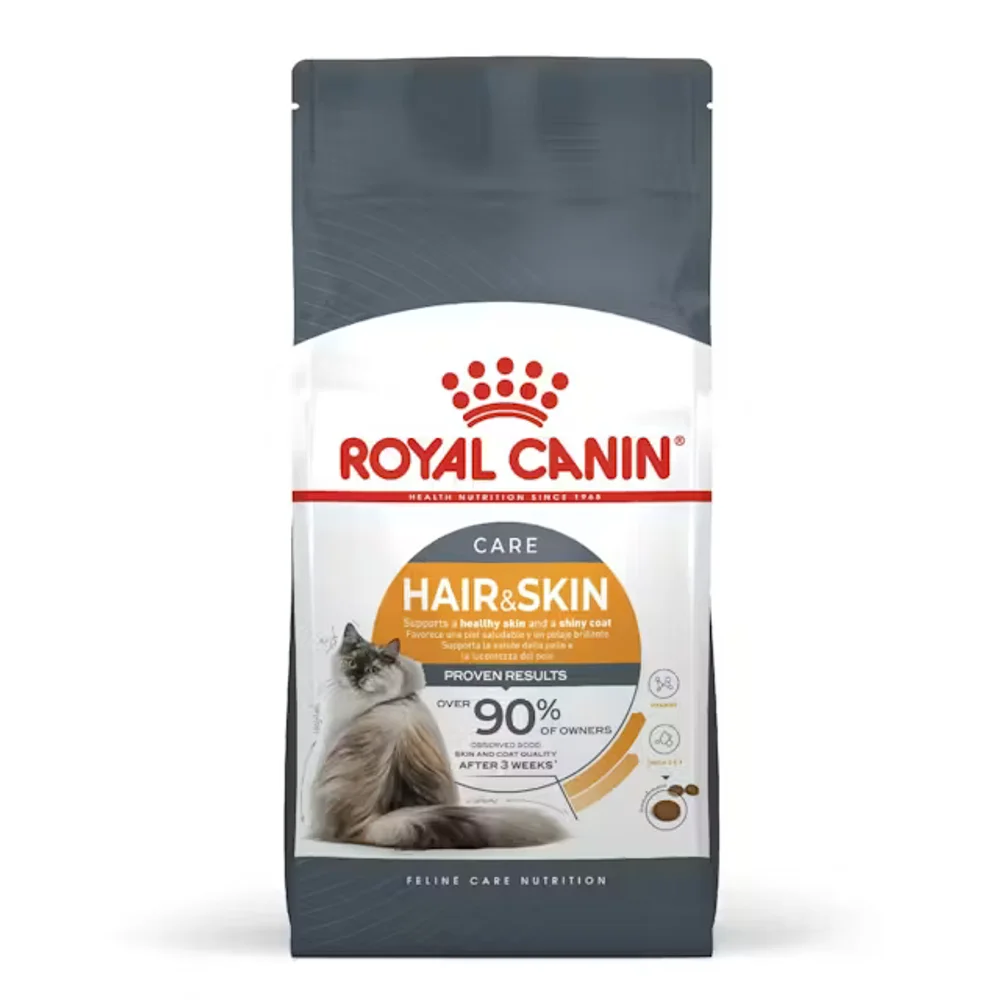 Royal Canin Hair & Skin Care dry cat food bag showing high-protein kibble for healthy skin and shiny coat. Royal Canin Hair & Skin Care dry cat food bag showing high-protein kibble for healthy skin and shiny coat.