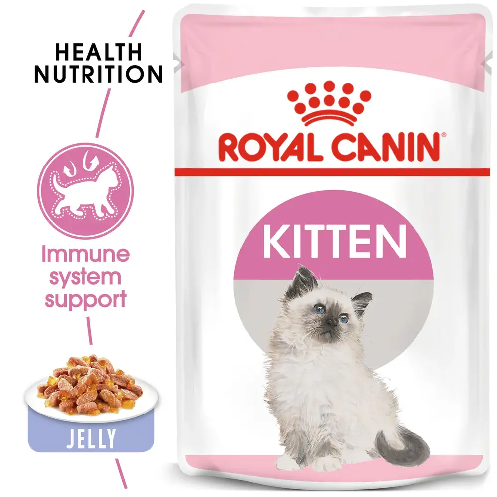 Royal Canin Kitten in Jelly wet food pouch showing thin slices in a clear, firm jelly for kittens up to 12 months. Royal Canin Kitten in Jelly wet food pouch showing thin slices in a clear, firm jelly for kittens up to 12 months.