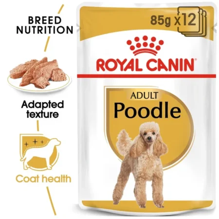 Royal Canin Poodle Adult wet dog food pouch, featuring loaf-style chunks in gravy specifically for purebred Poodles.