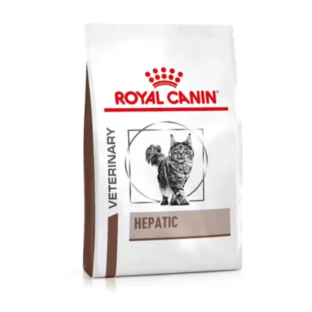 Royal Canin Hepatic dry cat food bag for cats with liver disease, showing high-energy kibble with low copper content.