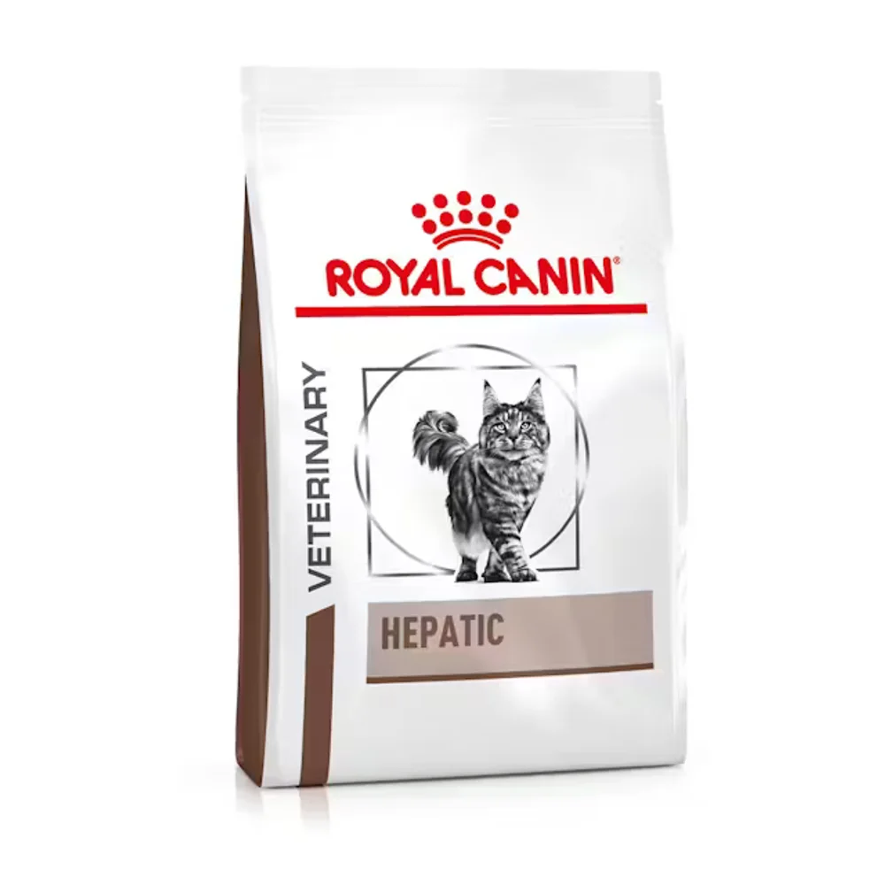 Royal Canin Hepatic dry cat food bag for cats with liver disease, showing high-energy kibble with low copper content. Royal Canin Hepatic dry cat food bag for cats with liver disease, showing high-energy kibble with low copper content.