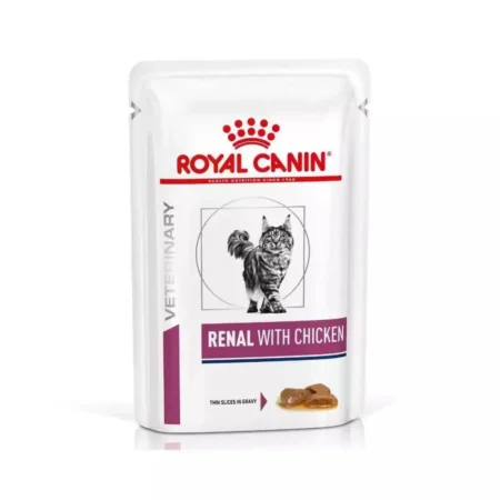 Royal Canin Feline Renal wet cat food pouch with chicken in gravy, veterinary diet for chronic kidney disease.