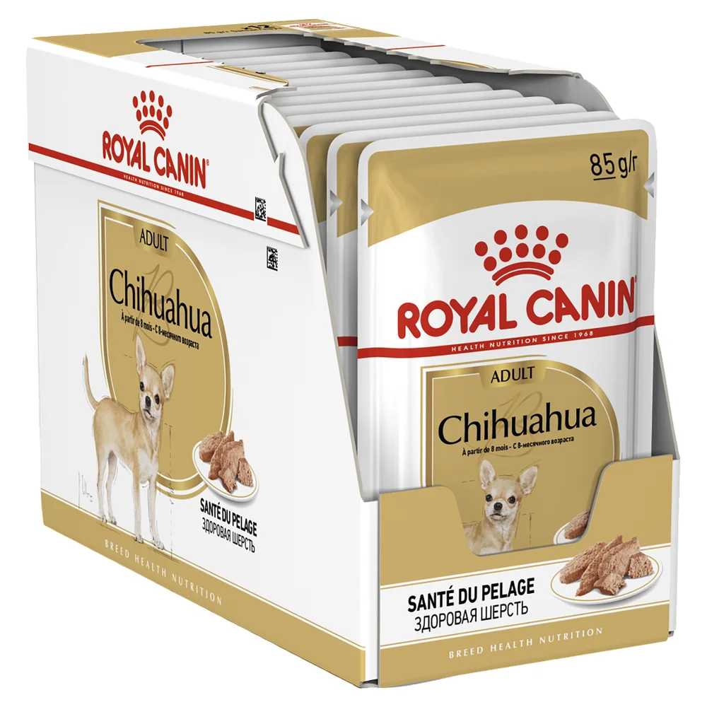 Royal Canin Chihuahua Adult wet dog food pouch, featuring thin slices in gravy for small-breed adult Chihuahuas. Royal Canin Chihuahua Adult wet dog food pouch, featuring thin slices in gravy for small-breed adult Chihuahuas.