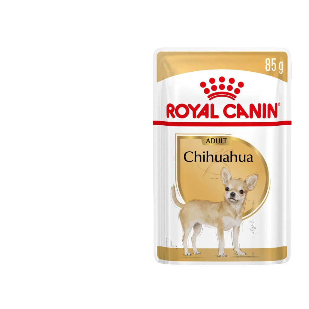 Royal Canin Chihuahua Adult wet dog food pouch, featuring thin slices in gravy for small-breed adult Chihuahuas. Royal Canin Chihuahua Adult wet dog food pouch, featuring thin slices in gravy for small-breed adult Chihuahuas.