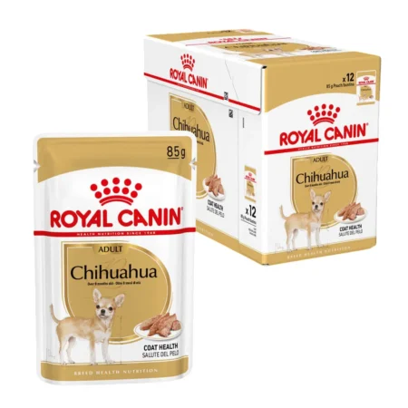 Royal Canin Chihuahua Adult wet dog food pouch, featuring thin slices in gravy for small-breed adult Chihuahuas.