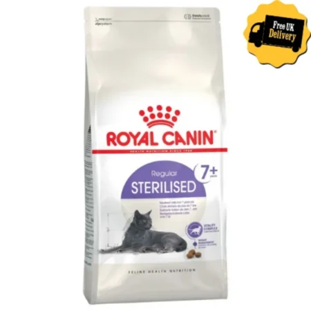 Royal Canin Sterilised 7+ dry cat food bag for neutered senior cats showing kibble enriched with vitality nutrients and kidney support.