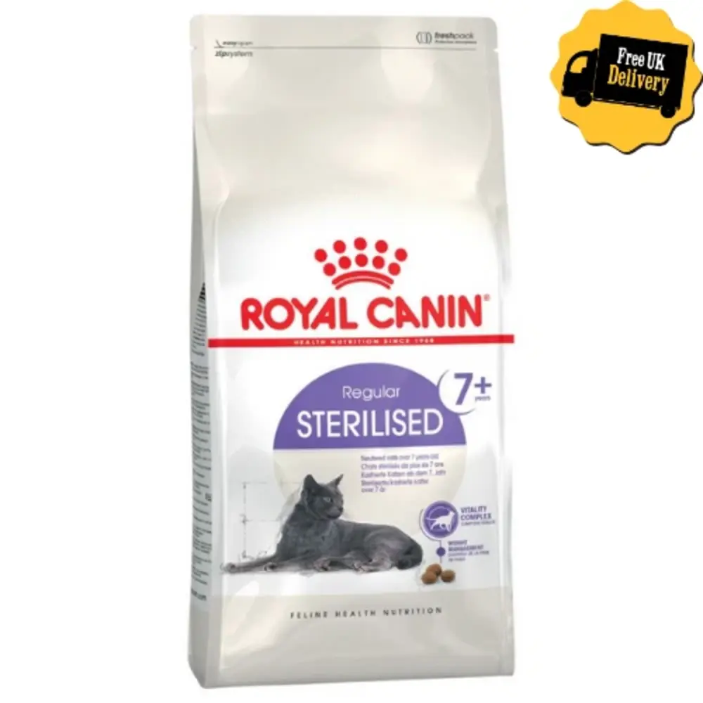 Royal Canin Sterilised 7+ dry cat food bag for neutered senior cats showing kibble enriched with vitality nutrients and kidney support. Royal Canin Sterilised 7+ dry cat food bag for neutered senior cats showing kibble enriched with vitality nutrients and kidney support.