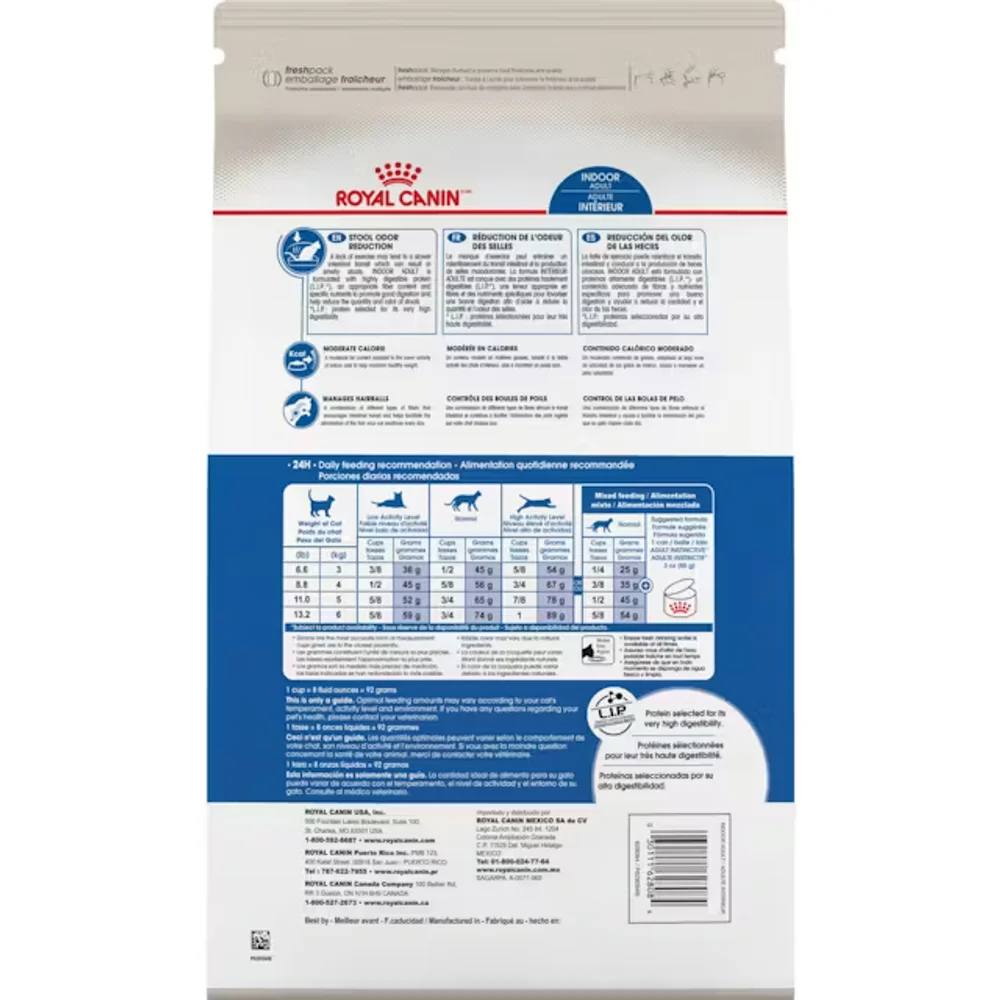 Royal Canin Indoor Adult dry cat food bag for indoor cats aged 1-7 years featuring kibble for stool odor reduction and hairball management. Royal Canin Indoor Adult dry cat food bag for indoor cats aged 1-7 years featuring kibble for stool odor reduction and hairball management.
